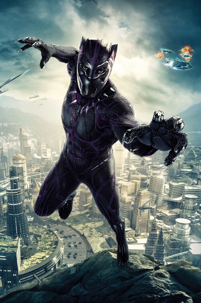 Black panther in full black suit with claws out and cityscape behind him.