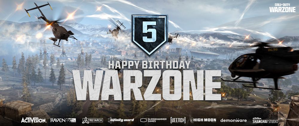 This image includes a picture of "Happy Birthday Warzone" celebrating Warzone's 5th birthday.
