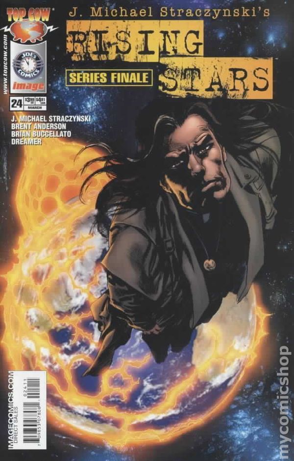 The cover of Rising Stars 24, by J. Michael Stracynski and Brent Anderson, showing the main character, Poet, flying away from what seems to be planet Earth surrounded by a glowing energy net