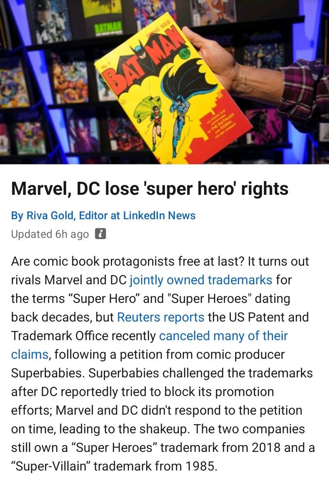 A screenshot of the article whose title says "Marvel, DC lose 'super hero' rights