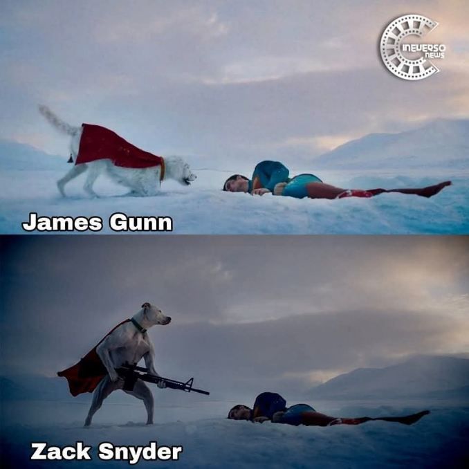 Parody of the Superman trailer. 
Panel 1,  James Gunn: Krypto the Super Dog comes innocently to save Superman
Panel 2, Zack Synder: Krypto is a buff Bipedal dog pointing a gun at Superman