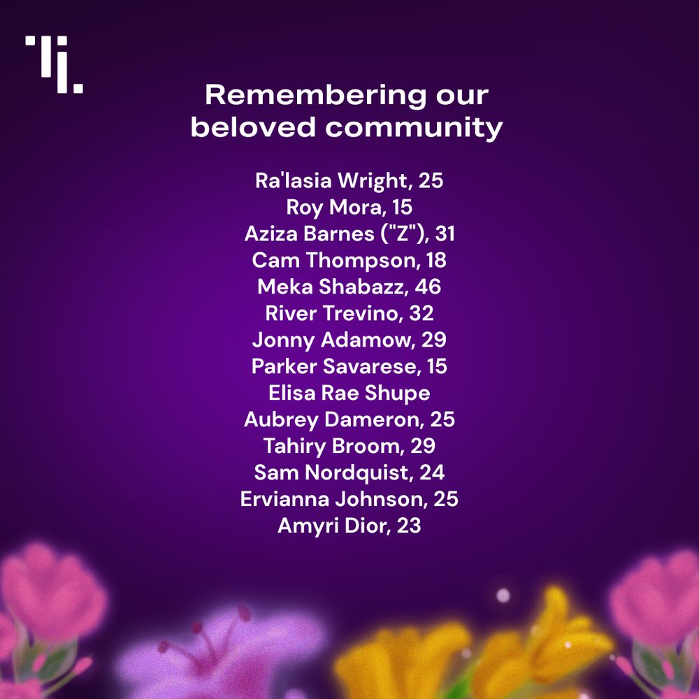 Text reads: Remembering our beloved community: Ra'lasia Wright, 25
Roy Mora, 15
Aziza Barnes ("Z"), 31
Cam Thompson, 18
Meka Shabazz, 46
River Trevino, 32
Jonny Adamow, 29
Parker Savarese, 15
Elisa Rae Shupe
Aubrey Dameron, 25
Tahiry Broom, 29
Sam Nordquist, 24
Ervianna Johnson, 25
Amyri Dior, 23