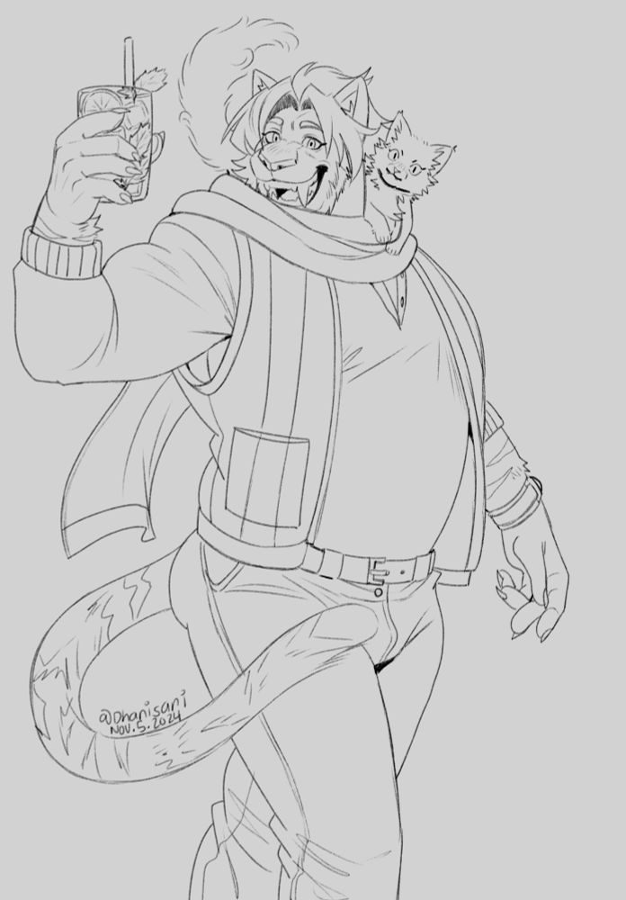 Hrothgar walking with scarf on, cat perched on shoulder.  Raising his glass to give you a toast