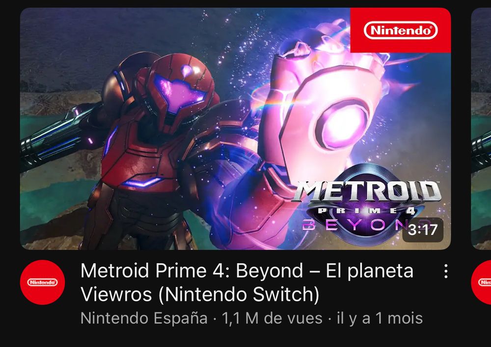 Capture de la vignette YouTube de Metroid Prime 4 de Nintendo Espagne affichant 1,1 million de vue 