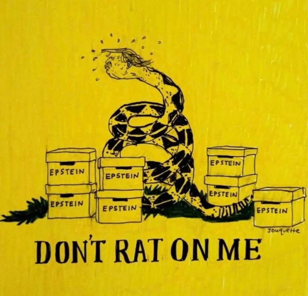Cartoon of a Trump snake that says don't rat on me with a bunch of Epstein file boxes. 