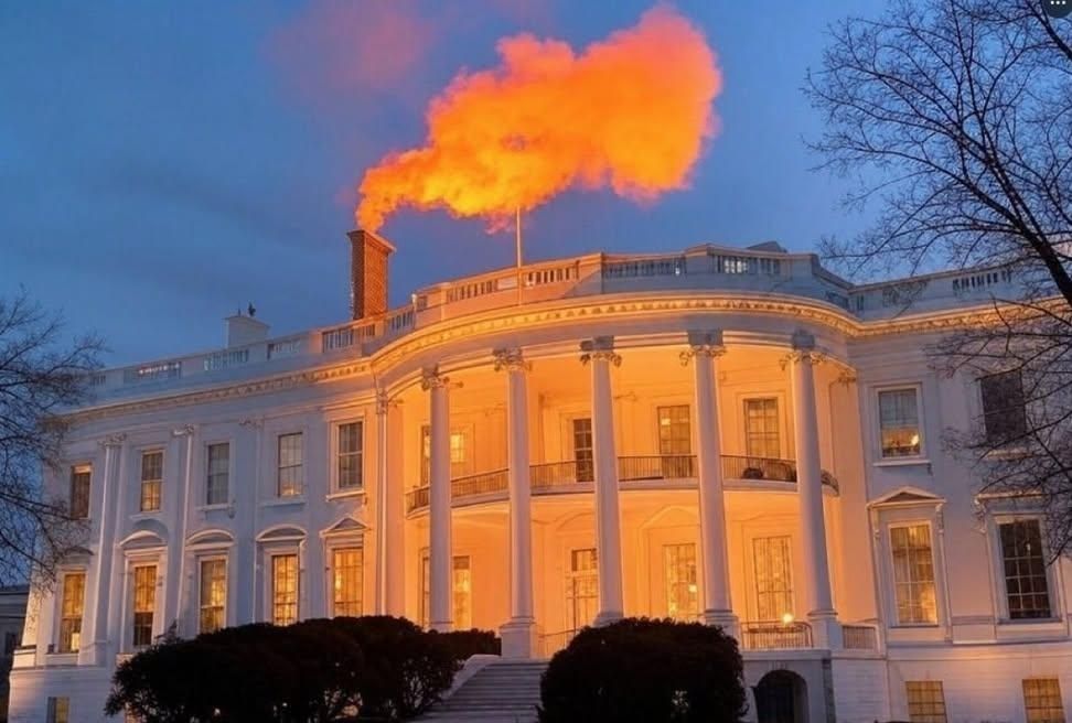 Picture of white smoke coming from the White House. 