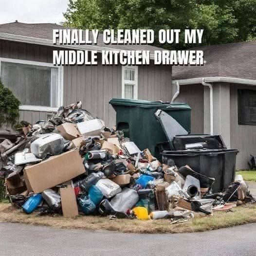 Huge pile of crap on the front lawn. Caption says finally cleaned out my middle kitchen drawer. 