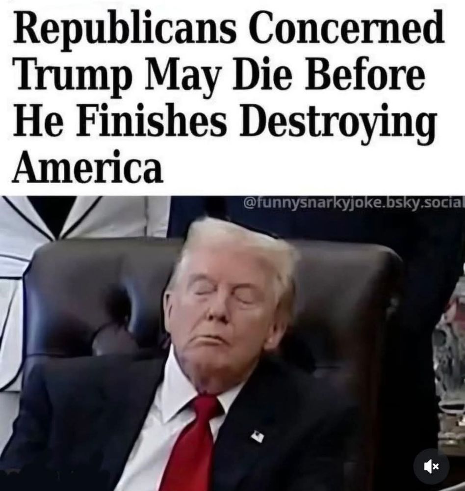 Picture of 45 sleeping. 
Caption says: Republicans concern Trump may die before he finishes destroying America. 