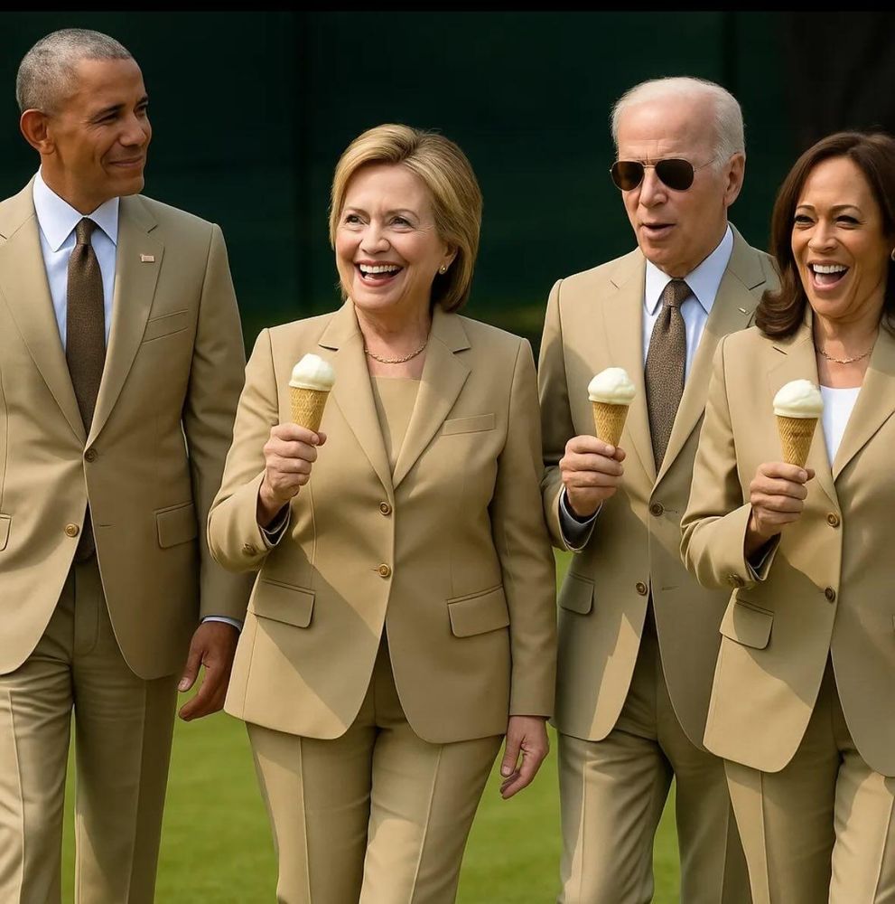 Obama, Hillary, Joe and Kamala all wearing brown suits and eating ice cream.