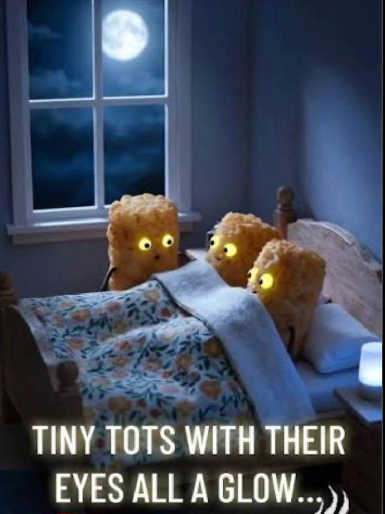 Picture of tater tots getting into bed with glowing eyes. 
Caption says: tiny tots with their eyes all aglow. 