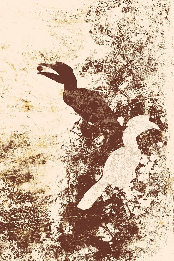 Artwork of a pair of foraging hornbills perched in an abstract brown scene created from a macro photograph of a weathered old wall. The birds are silhouettes with one bird dark and the other light.