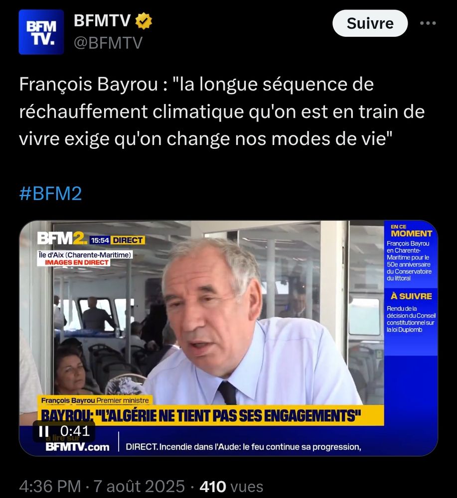 BFMTV : François Bayrou : "la longue séquence de réchauffement climatique qu'on est en train de vivre exige qu'on change nos modes de vie"
