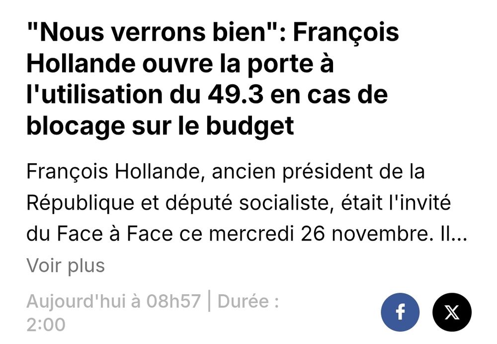 BFMTV : "Nous verrons bien": François Hollande ouvre la porte à l'utilisation du 49.3 en cas de blocage sur le budget
François Hollande, ancien président de la République et député socialiste, était l'invité du Face à Face ce mercredi 26 novembre