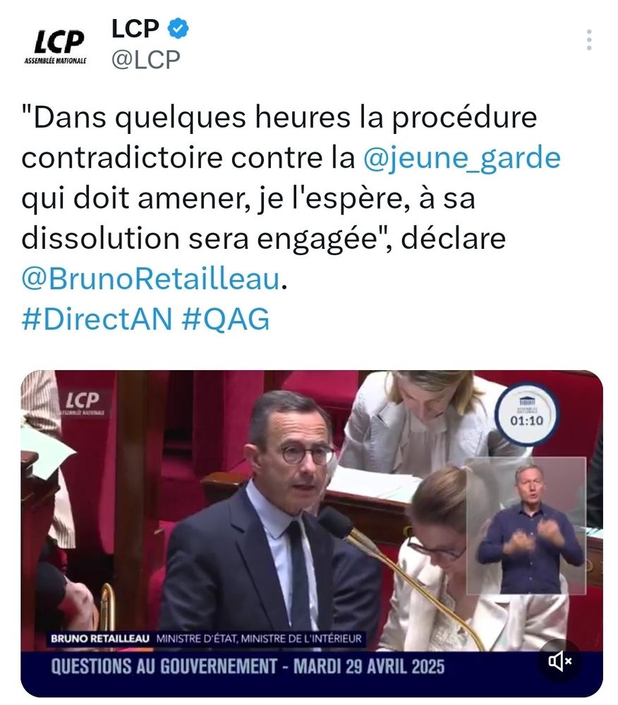 "Dans quelques heures la procédure contradictoire contre la jeune garde qui doit amener, je l'espère, à sa dissolution sera engagée" déclare Retailleau
