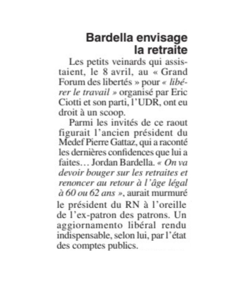 Jordan Bardella confié à Pierre Gattaz qu'il ne compte pas revenir sur la retraite à 62 ans