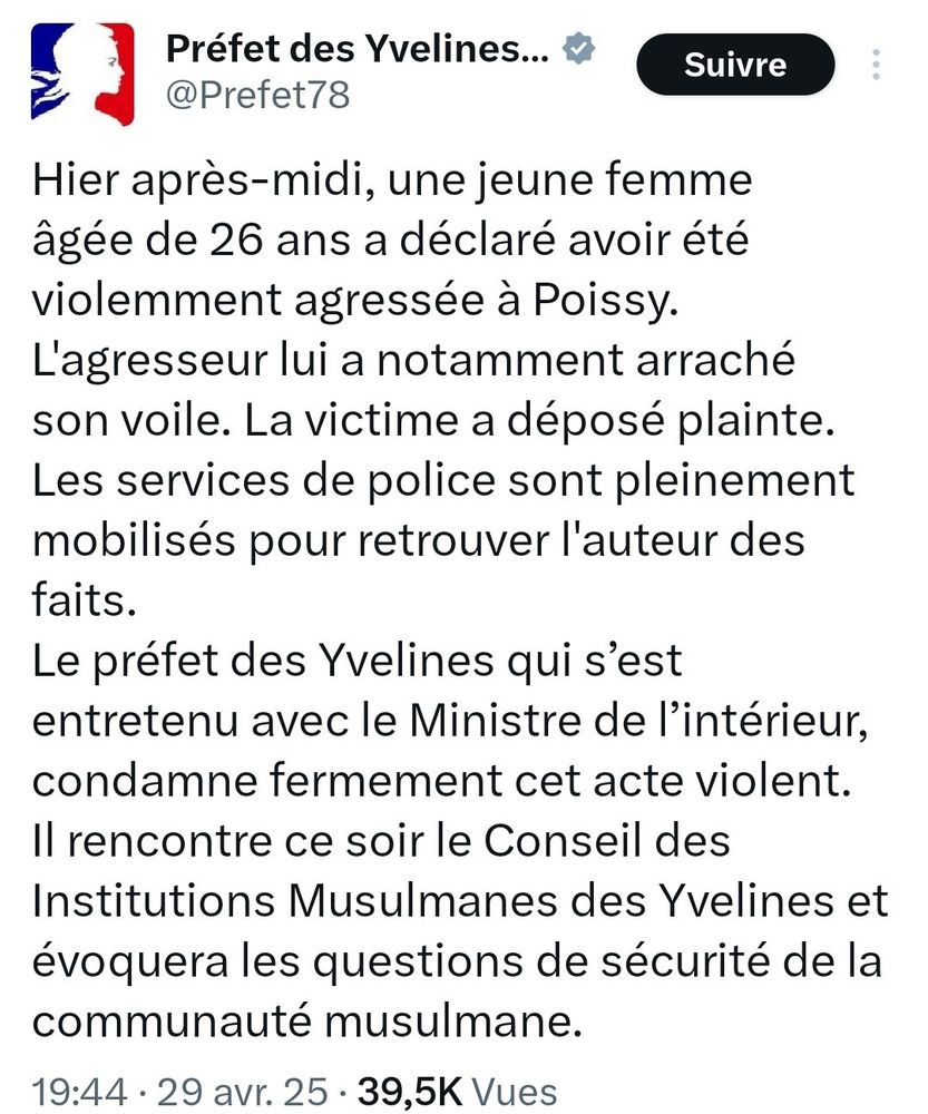 Tweet du préfet des Yvelines : une jeune femme a été violemment agressée on lui a notamment arraché son voile