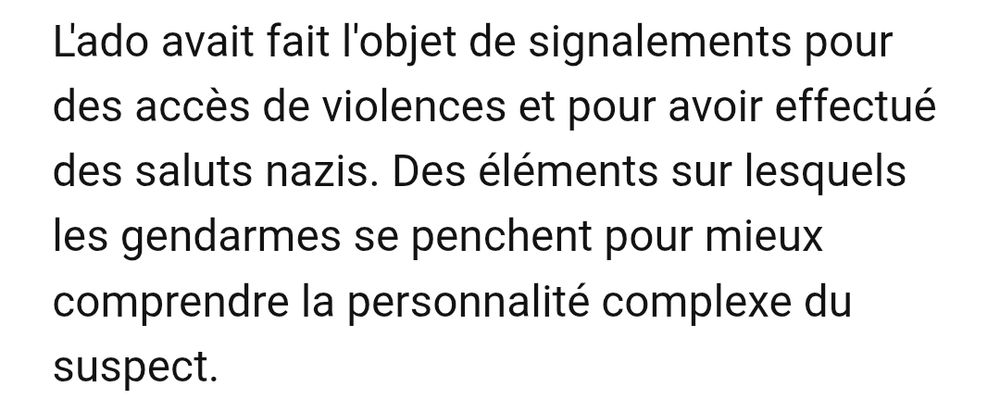 L'ado avait fait l'objet de signalements pour des accès de violences et pour avoir effectué des saluts nazis. Des éléments sur lesquels les gendarmes se penchent pour mieux comprendre la personnalité complexe du suspect
