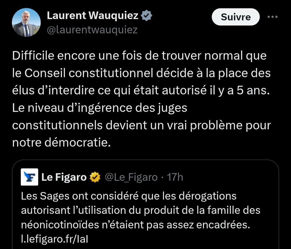 Laurent Wauquiez : Difficile encore une fois de trouver normal que le Conseil constitutionnel décide à la place des élus d’interdire ce qui était autorisé il y a 5 ans. Le niveau d’ingérence des juges constitutionnels devient un vrai problème pour notre démocratie.
