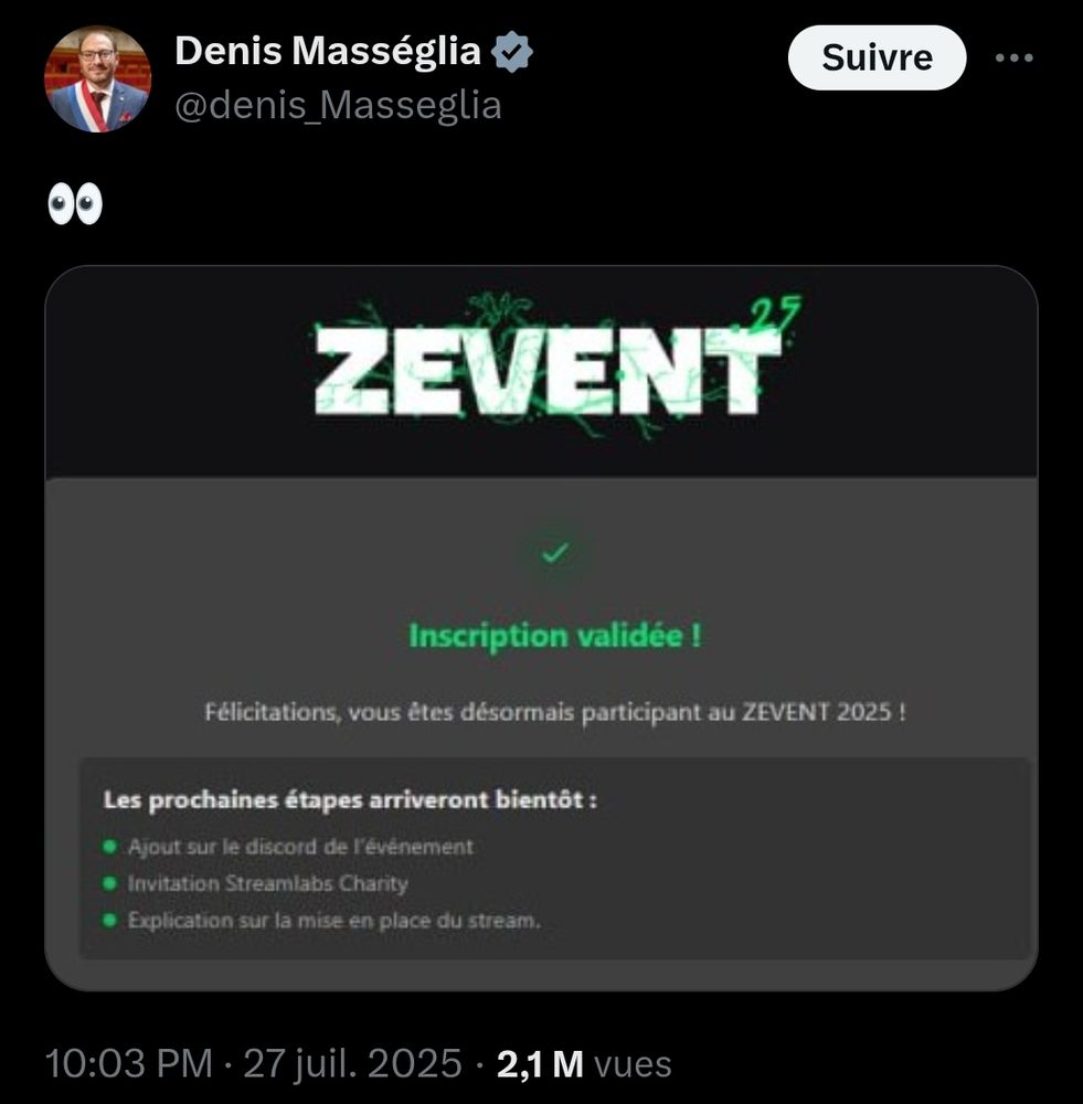 Tweet de Denis Masséglia où il annonce qu'il participe au Zevent