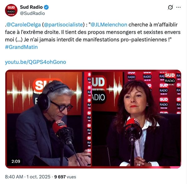 Carole Delga en 2025 : "Mélenchon cherche à m'affaiblir face à l'extrême droite. Il tient des propos mensongers et sexistes envers moi. SJe n'ai jamais interdit de manifestations Pro palestiniennes"
