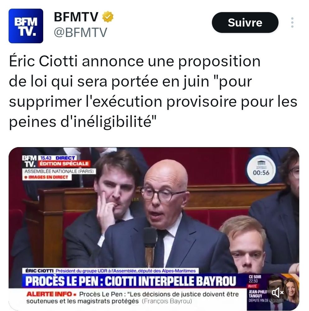 Ciotti veut supprimer l'exécution provisoire pour les peines d'inéligibilité 