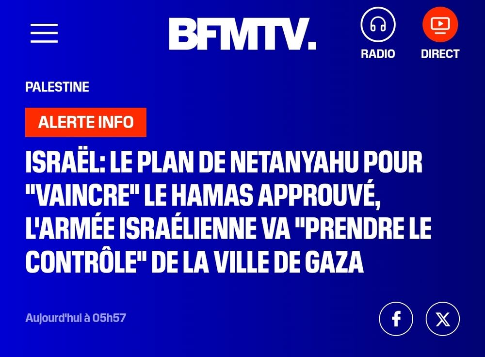 BFMTV : Israël: le plan de Netanyahu pour "vaincre" le Hamas approuvé, l'armée israélienne va "prendre le contrôle" de la ville de Gaza