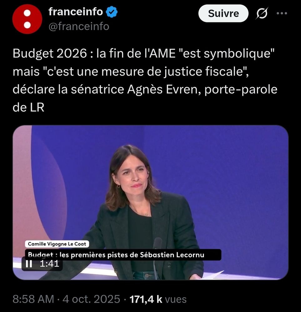 France Info : Budget 2026 : la fin de l'AME "est symbolique" mais "c'est une mesure de justice fiscale", déclare la sénatrice Agnès Evren, porte-parole de LR
