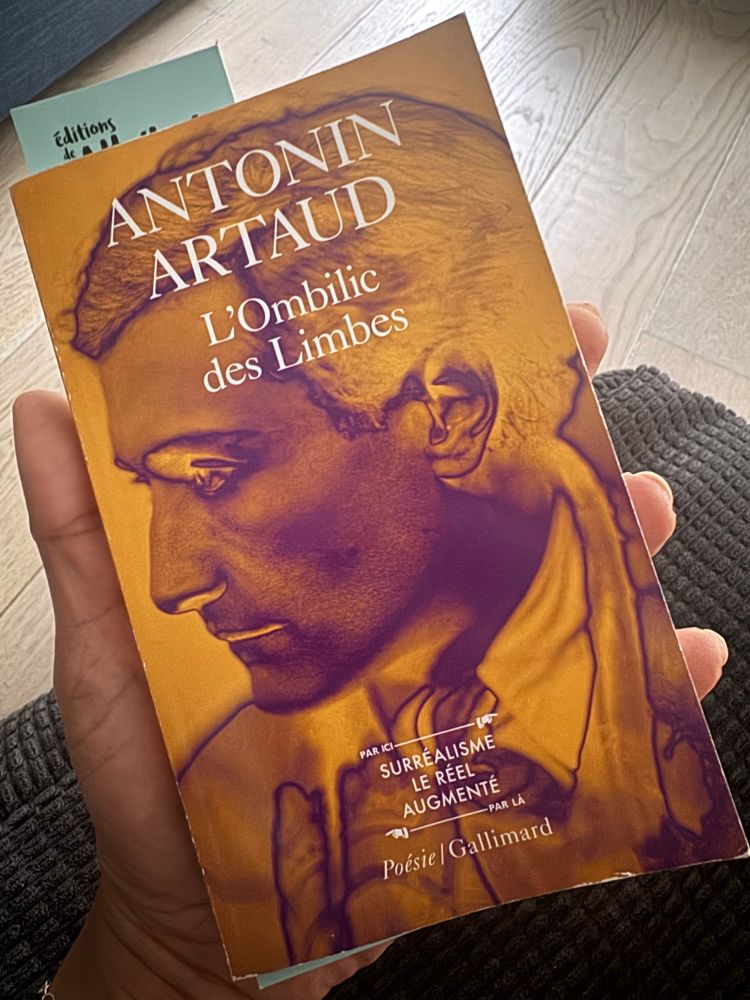 Photo d’un livre dans ma main. En couverture, photo comme un négatif argentique composée en dégradé de l’orange au violet: portrait de profil d’Antonin Artaud, auteur dudit livre.
Titre du livre « L’ombilic des Limbes »
Éditions : Gallimard 