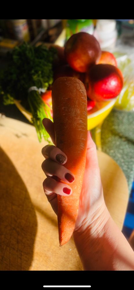 A hand holding a nine-inch hefty carrot