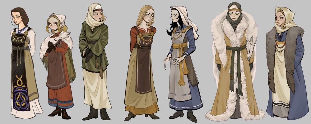A lineup of women and various Viking inspired attire