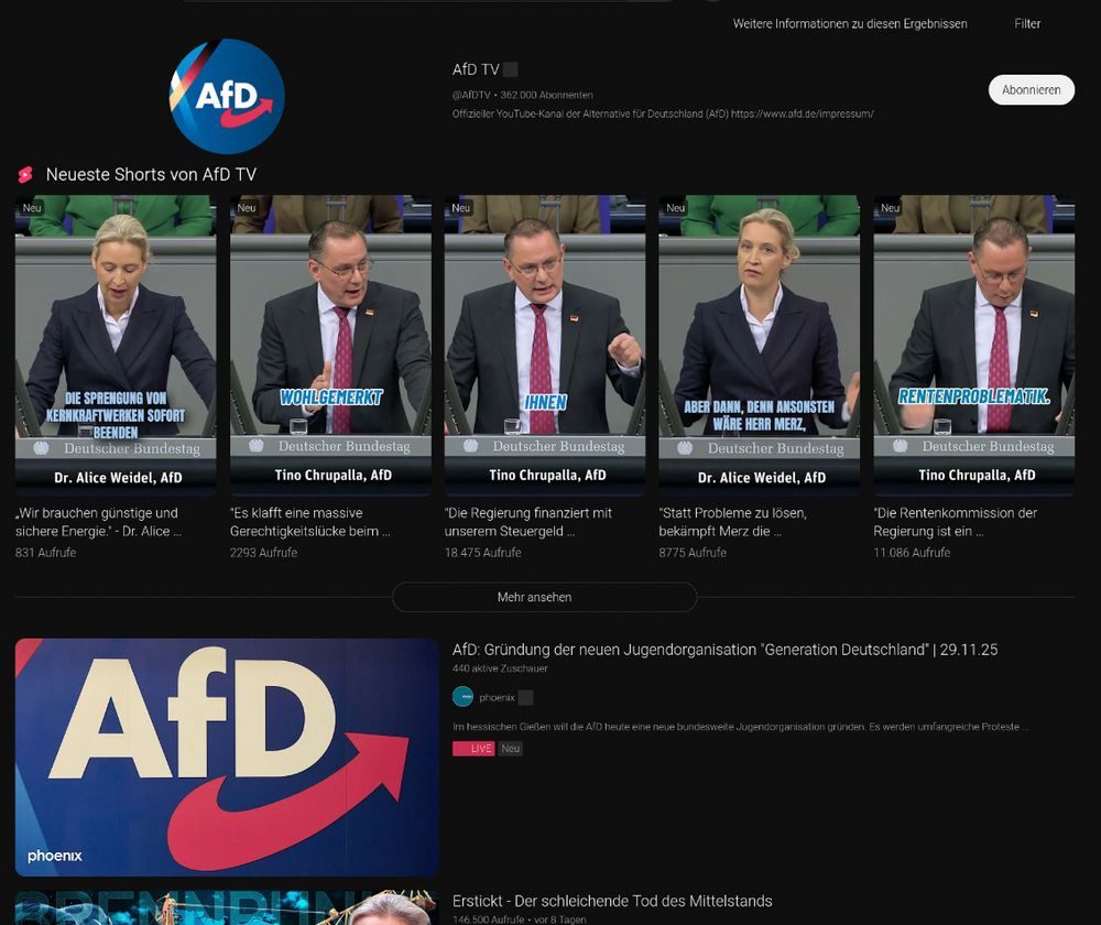 Screenshot des AfD Kanals auf Youtube mit erstem Suchvorschlag der phoenix-Livestream (mit ca. 10% Zuschauenden im Verhältnis zur AfD-Live-Übertragung)