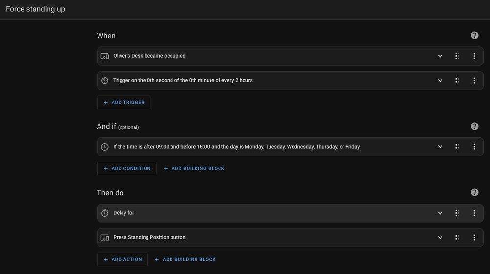 Screenshot of Home Assistant showing the automation for making the desk stand up