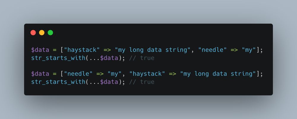 An example of named parameters passed into a method via spreading operator on an array.
