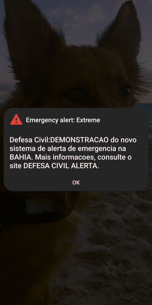 Print de um alerta teste da defesa civil de salvador. Lê-se: "Defesa Civil: DEMONSTRAÇÃO do novo sistema de alerta de emergência na BAHIA. Mais informações, consulte o site DEFESA CIVIL ALERTA."