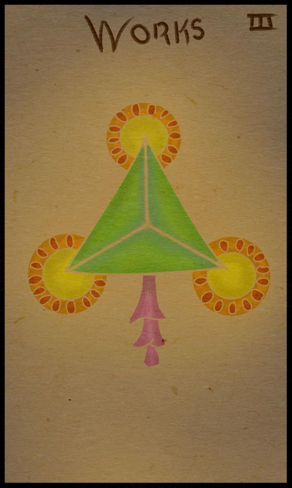 a green triangle divided into things is haloed at each point by a golden coin with a fiery crown. a pink flower blossom is sprouting from the triangle’s base