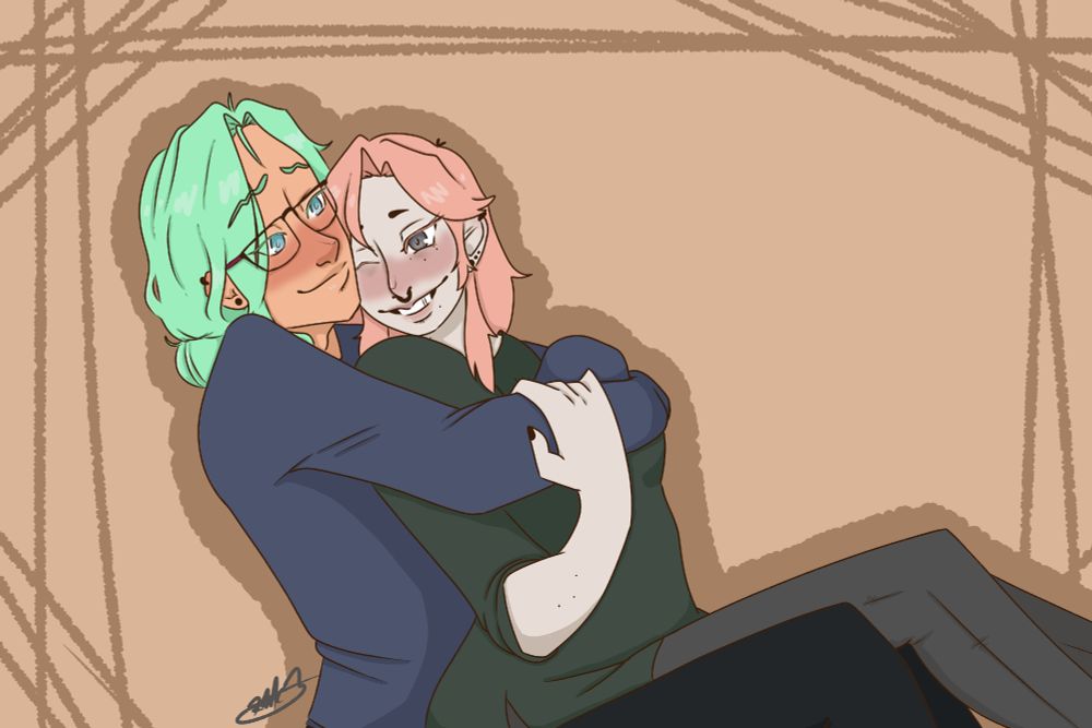 A green hair man hugging a pink hair woman from behind