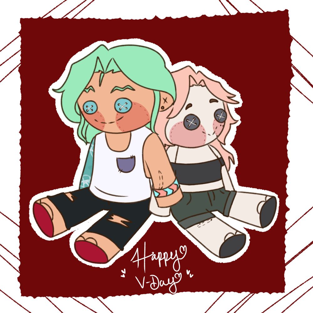 two dolls sitting back to back