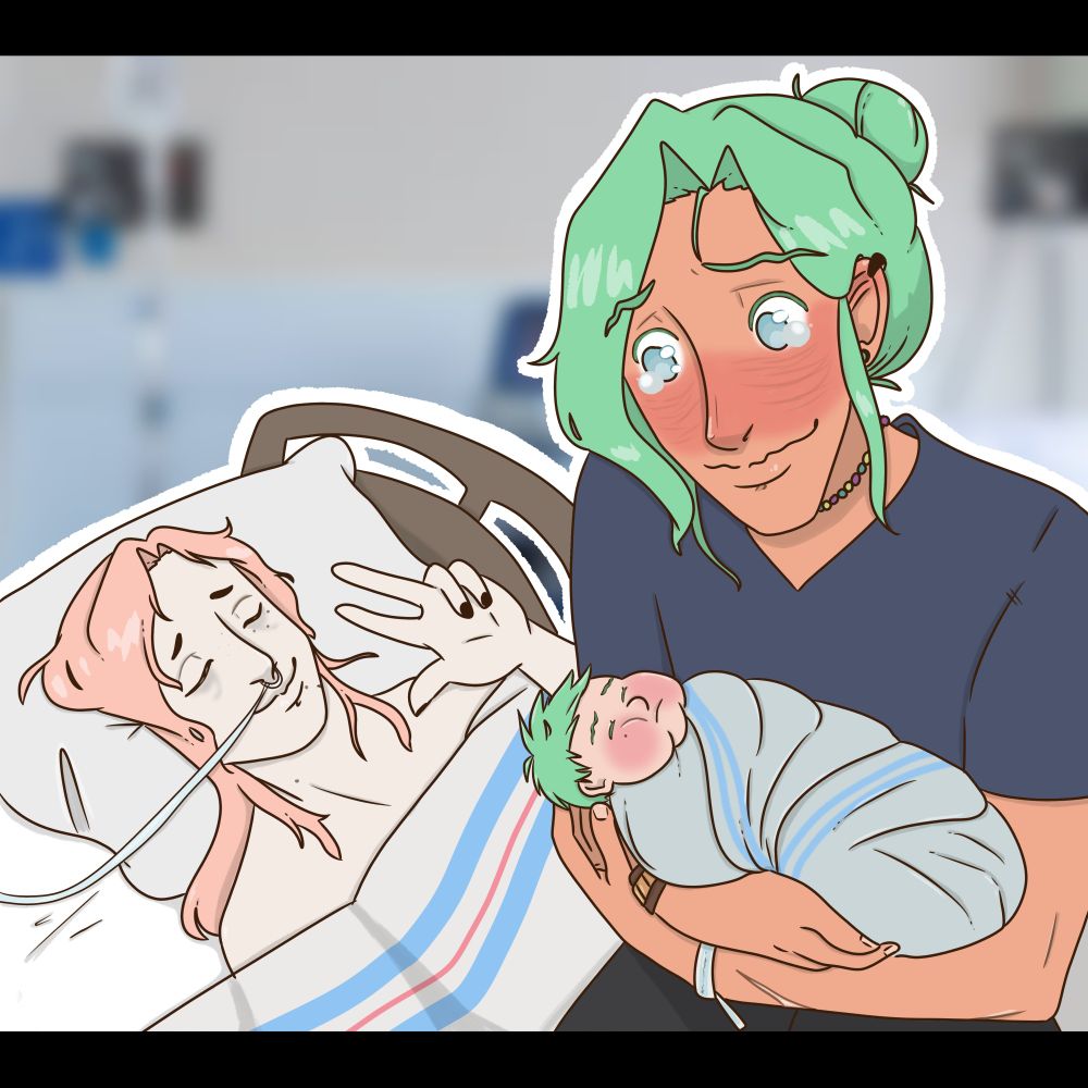 Man with green hair holding a green hair baby. Woman with pink hair laying behind them (she's ok)