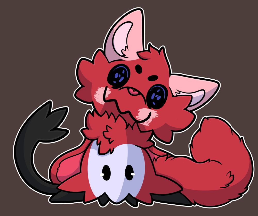 Stridas Mortuum, Flying Mimikyu.
Art by TrashCorgi/Riley

Alt Text:
The Pokémon Mimikyu. It has been redesigned and recolored to match Stridas, an anthropomorphic flying squirrel. 
The ears of the costume head are pink with very light lavender lining inside. It has red fluffy fur, a lavender belly patch where the true Pokémon's eyes are located, 2 small wings, and a large fluffy tail. There are 2 prominent eyebrows above the colored in black and blue false eyes. The Pokémon itself is black and waving from the left hand side.