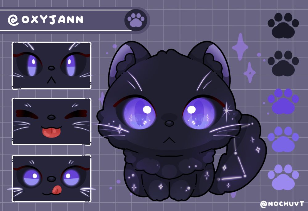 Reference sheet of a fluffy black cat with purple eyes and star details. From left to right:

1. Three expressions (serious, tongue, goofy)
2. Art of a black fluffy cat with big purple eyes, there are purple stars incorporated into her fur.
3. 5 paw prints containing the colour palette of the cat, 2 black colours and 3 purple colours.

Artist is NochuVT on Vgen