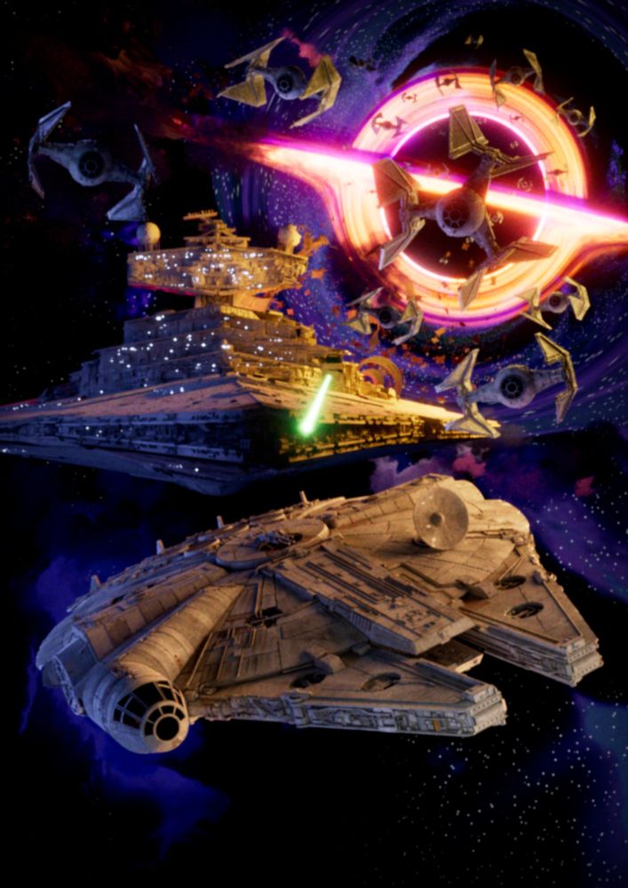 3D render of the Millennium Falcon eluding a TIE Defender, TIE Fighters and an Imperial Star Destroyer in its chase, as a black hole is ripping apart the Destroyer. Cosmic clouds in the background with orangish and bluish hues.