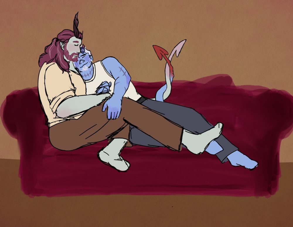 Two tieflings cuddling each other on a red sofa. Their tails are intertwined with each other and the couple looks happy and content.