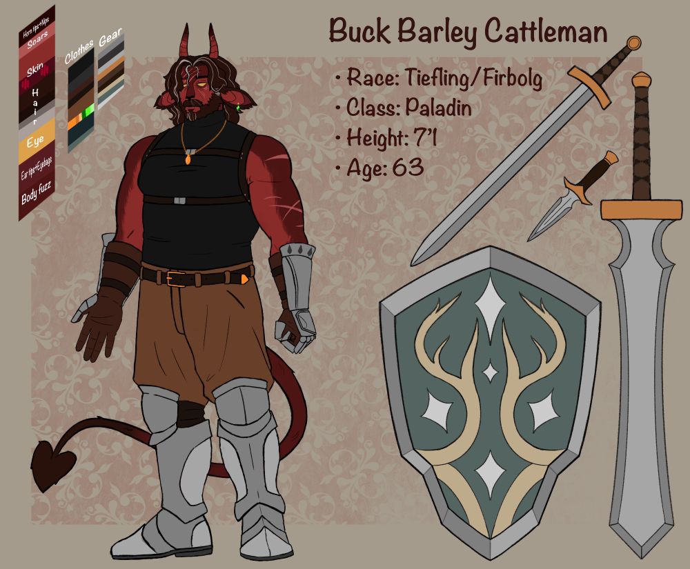 Character reference of my new dnd character Buck Cattleman with his clothes