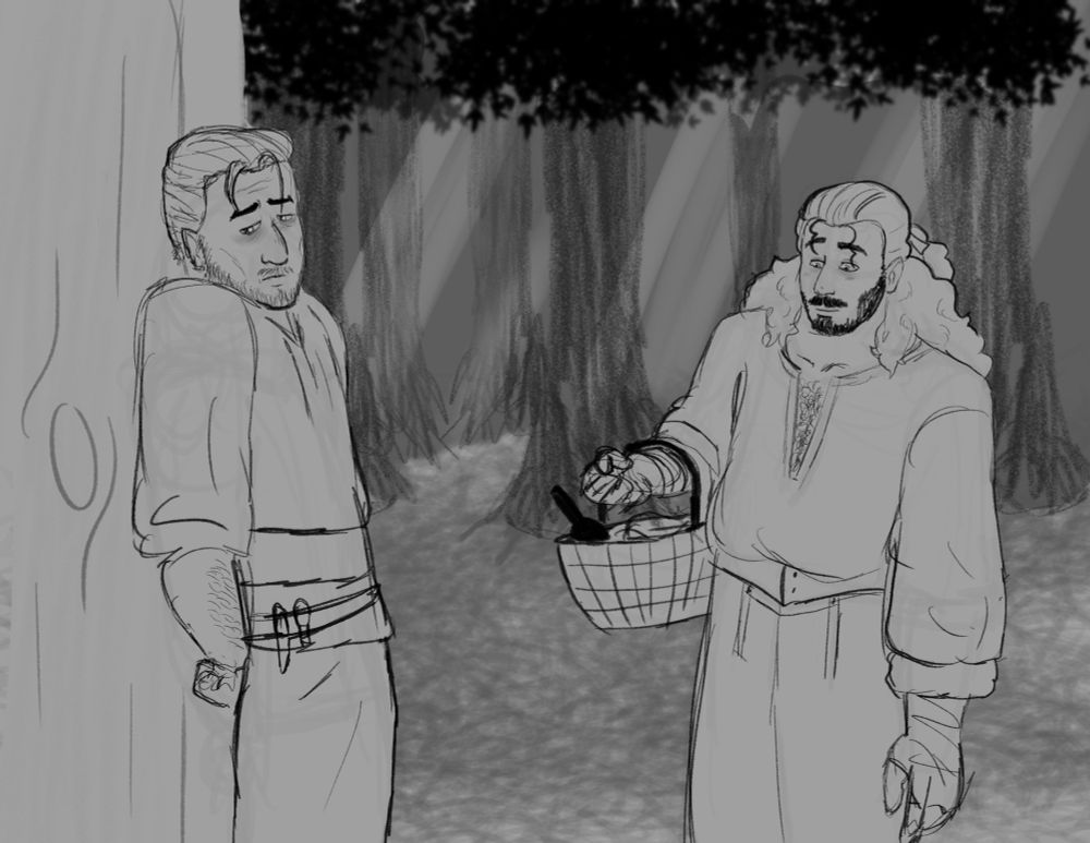 Remus, the man pushed up against the tree is hiding a small wooden carving in his hand. White, the man with the basket, is trying to peek at what he was working on.