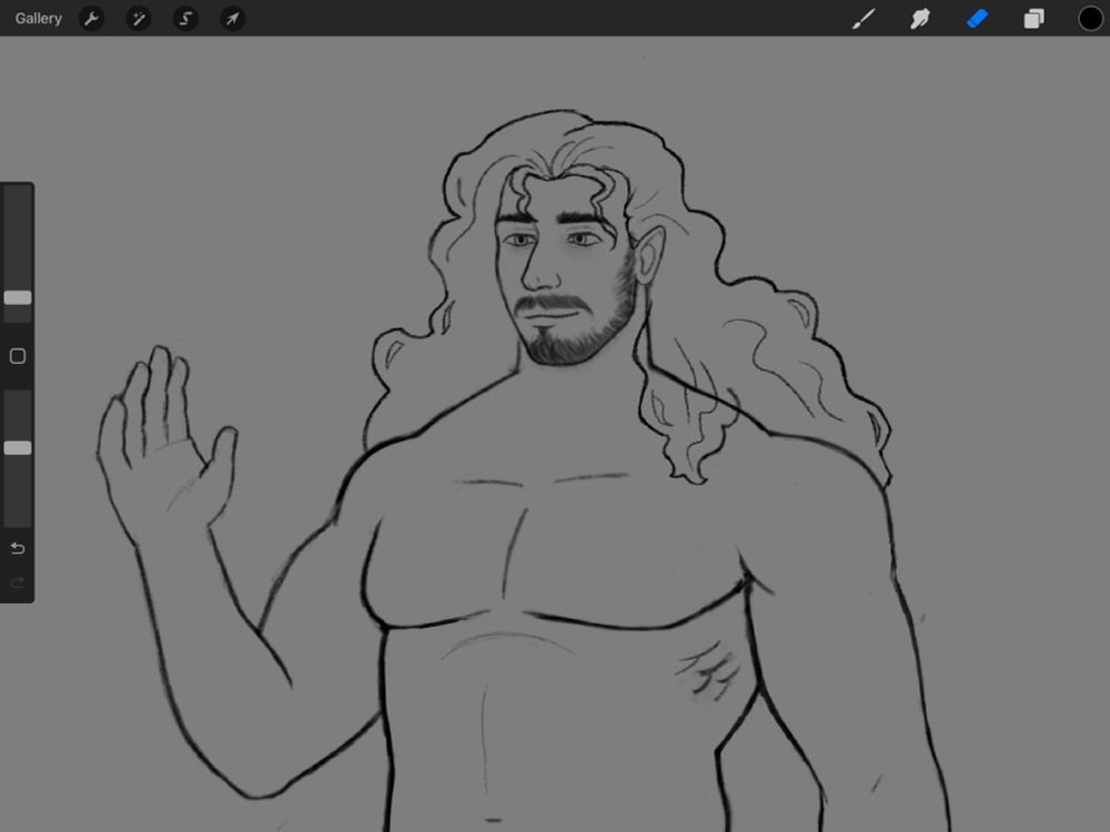 Half body drawing of a muscular man with long curly hair and a bearded face.