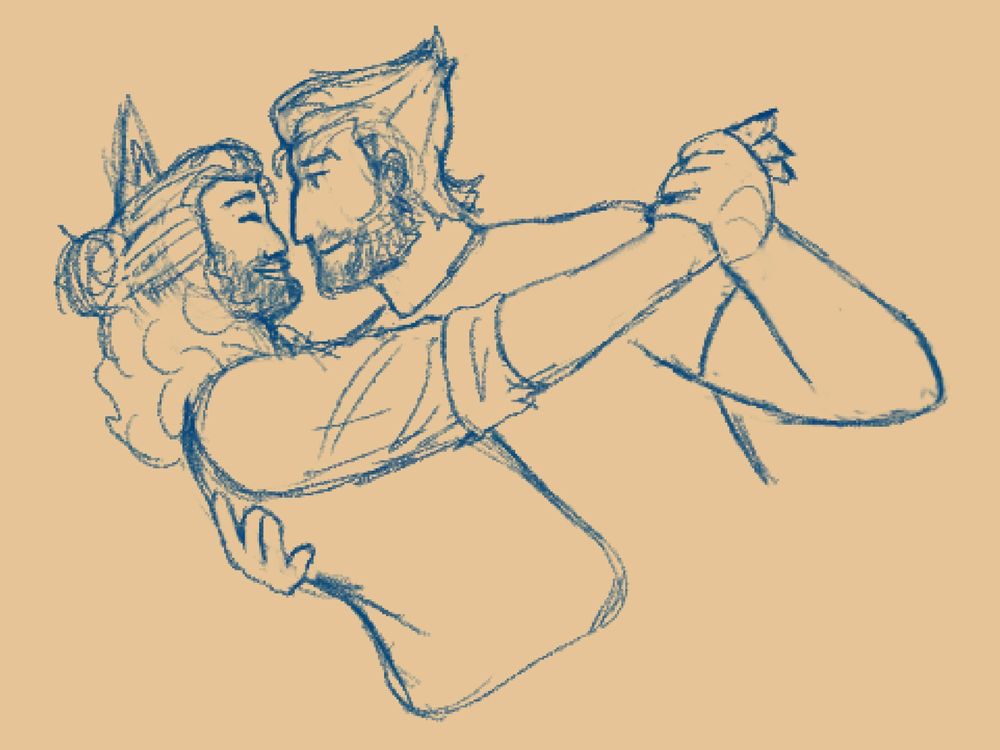 Drawing of my Oc Jackal and Wolverine dancing together. Wolverine has a loving look on his face while Jackal smiles