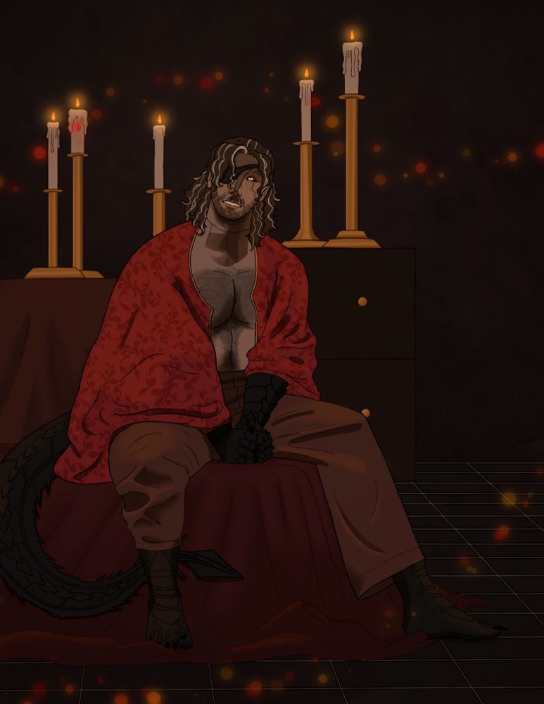 An illustration of a man with dragon like features sitting on a bed. The atmosphere is warm, with the room being illuminated by soft candlelight. He has a soft expression on his face as he looks upwards.