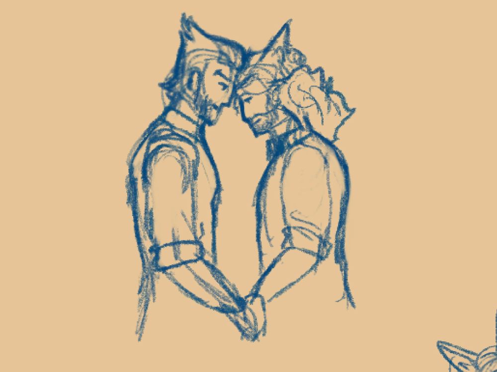 Drawing of Wolverine holding hands with Jackal, their foreheads pressed together in content.