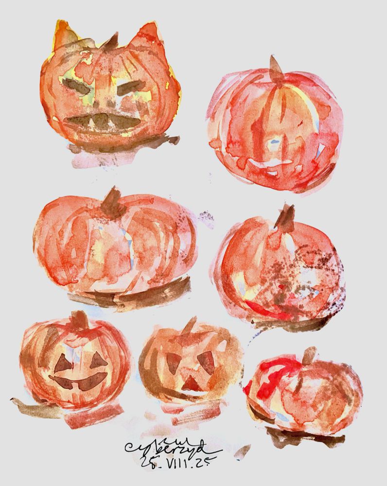 watercolour sketch of 7 pumpkins