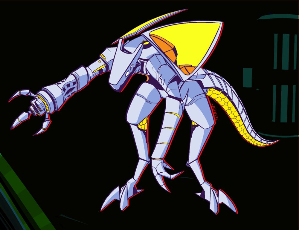 mechanical anthro, lizard. arm cannon, shield wings, high saturation